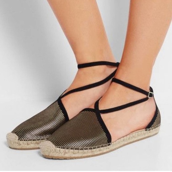 NEW Jimmy Choo Donna Metallic Striped Strappy Gold Black Espadrille Sandal 8.5 - Picture 1 of 16